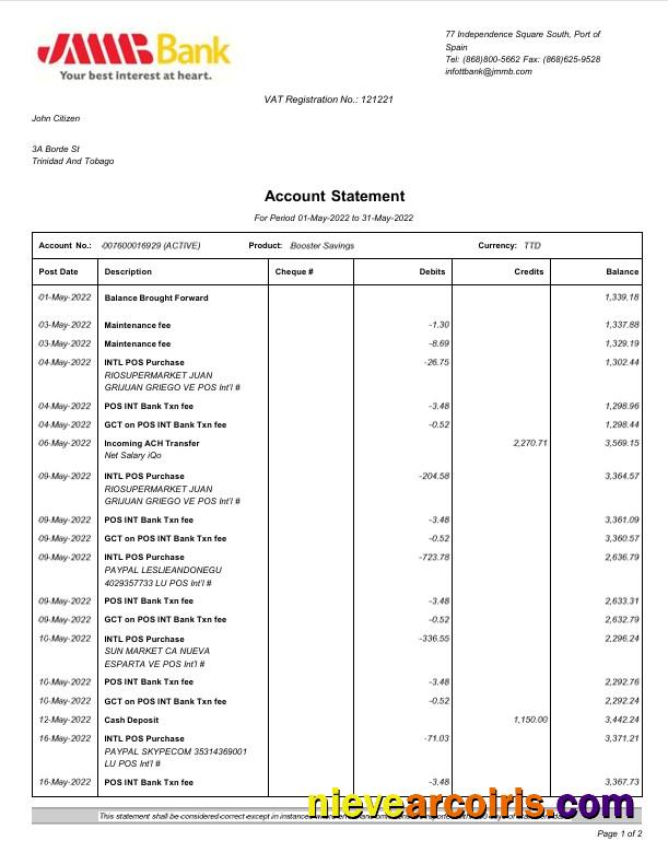 Spain JMMB bank statement Word and PDF, 2 pages